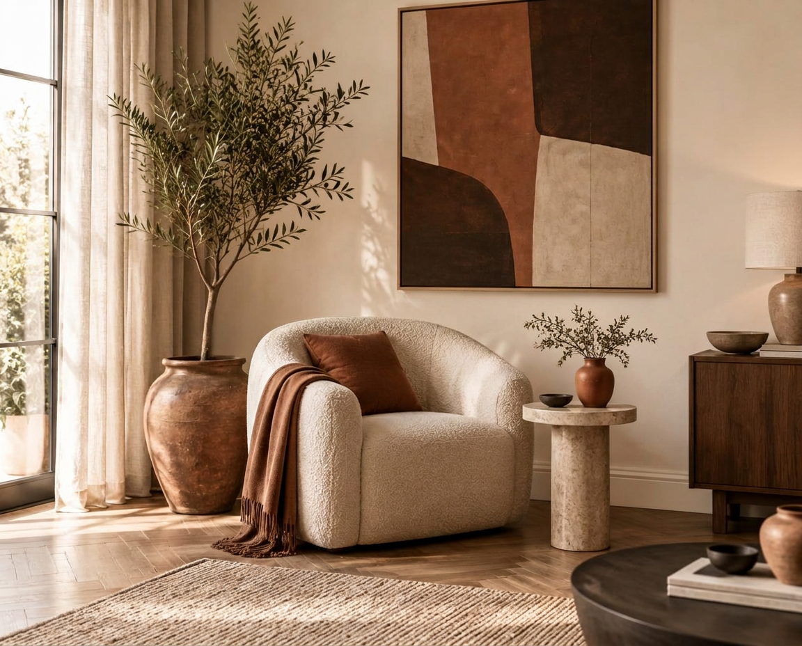 Interior ilustrativo generado con IA: rincón de sala con sillón bouclé, obra abstracta en terracota y árbol de olivo.